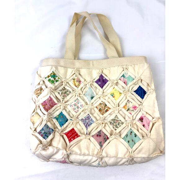 Vintage Handbags - Vintage Handmade Quilted Tote Bag with Cathedral Stitch Patchwork MCM